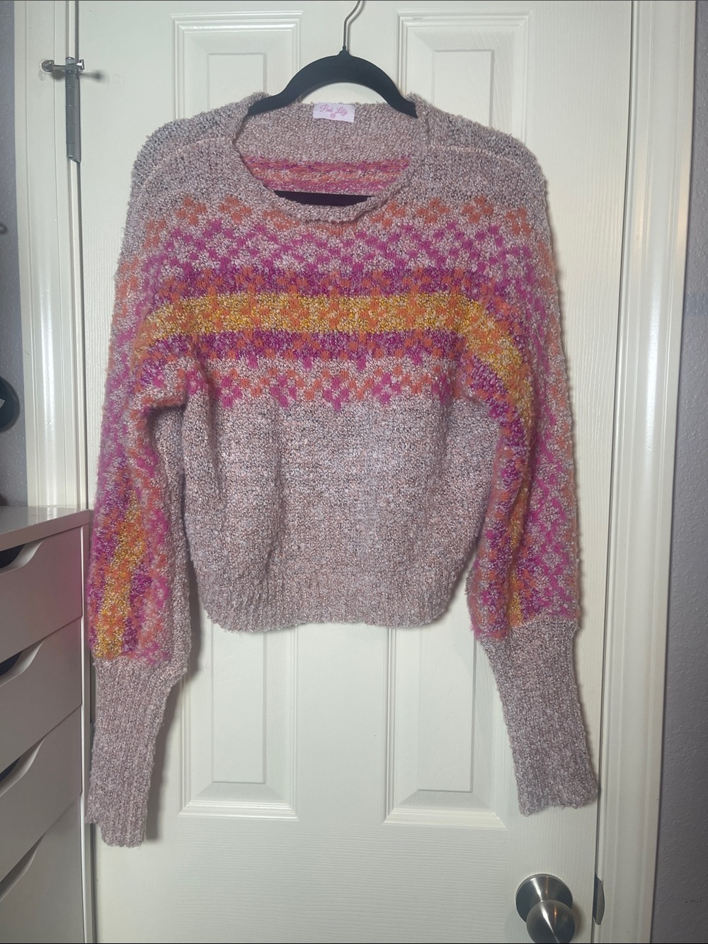 Pink Lily Cream-Pink Multicolor Fair Isle Crewneck Sweater